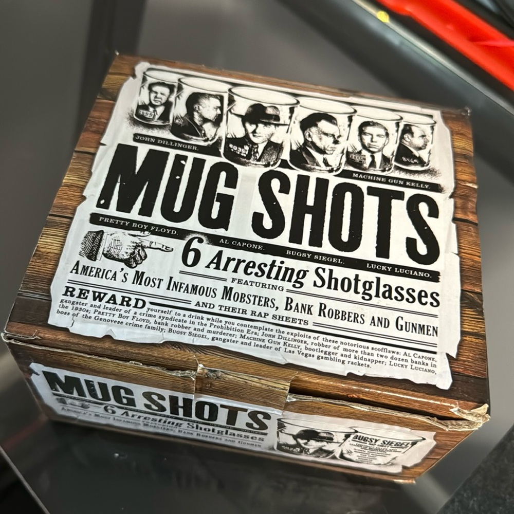 Philosopher Guild, six shot glasses mug shot of America’s most famous mobsters